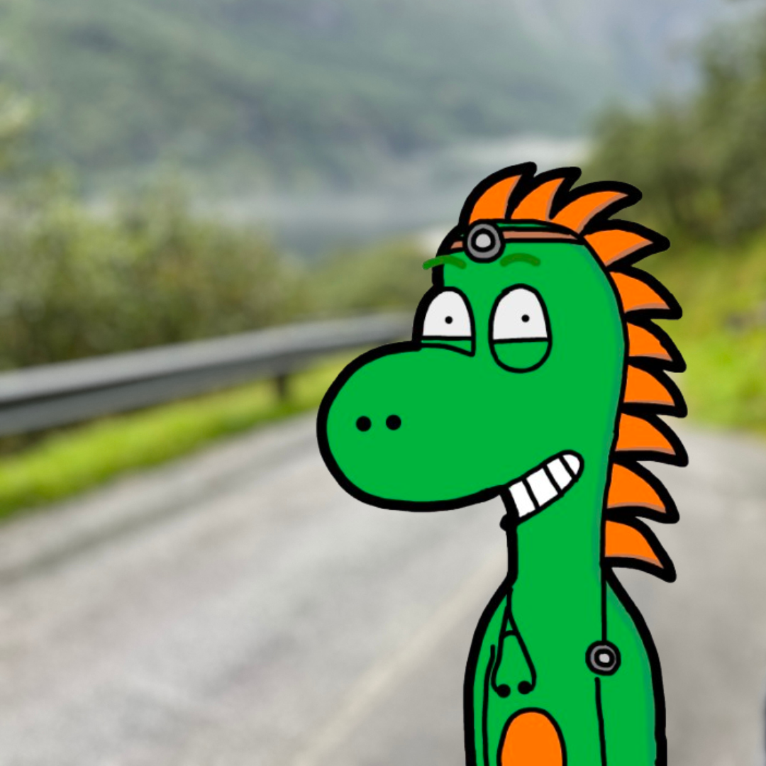 Lächelnder Cartoon-Dinosaurier steht vor Landschaft